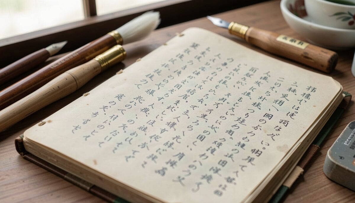 Quaderno manoscritto con strumenti per la calligrafia giapponese. Immagine illustrativa, generata con AI.
