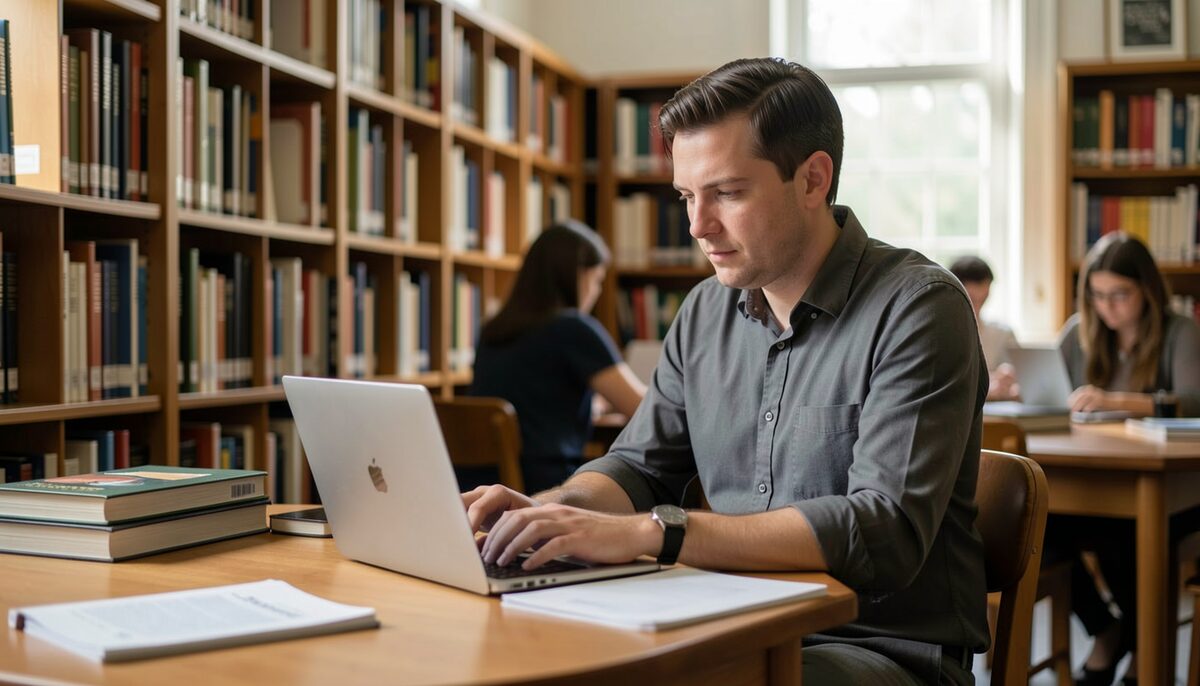 Un ricercatore esamina articoli scientifici sul Reiki in una biblioteca universitaria. Immagine illustrativa, generata con AI.