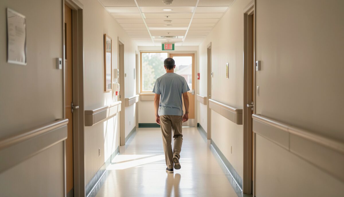 Corridoio ospedaliero con persona che cammina e luce naturale soffusa. Immagine illustrativa, generata con IA.